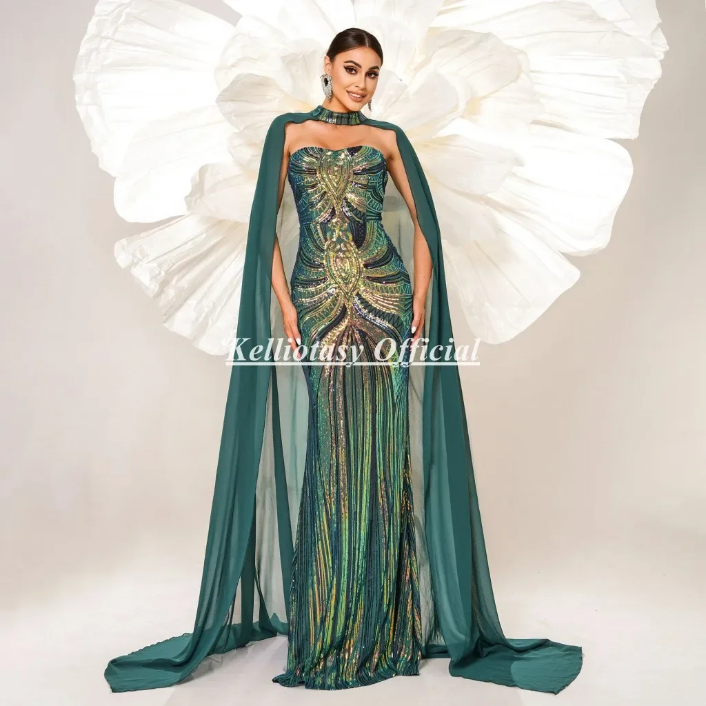 

Customized Mermaid Celebrity Dress Green Color Sweetheart Red Carpet Luxury Sequined Lace Muslim Evening Dresses With Mantle
