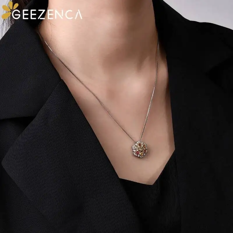 GEEZENCA Natural Tourmaline S925 Silver Zircon Pendant For Women Geometric Chic Necklace Pendants Without Chain 2023 New Gift