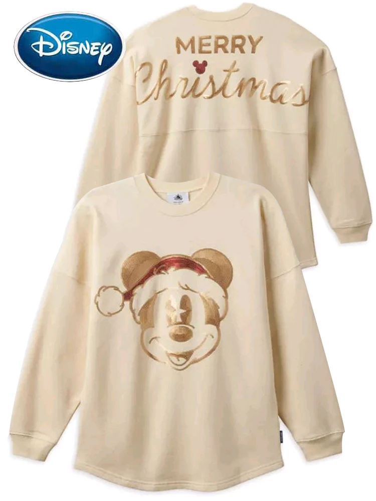 Disney Sweatshirt Anniversary Mickey Mouse Merry Christmas Cartoon Print Sequined Unisex Couple Women Long Sleeve Jumper Tops