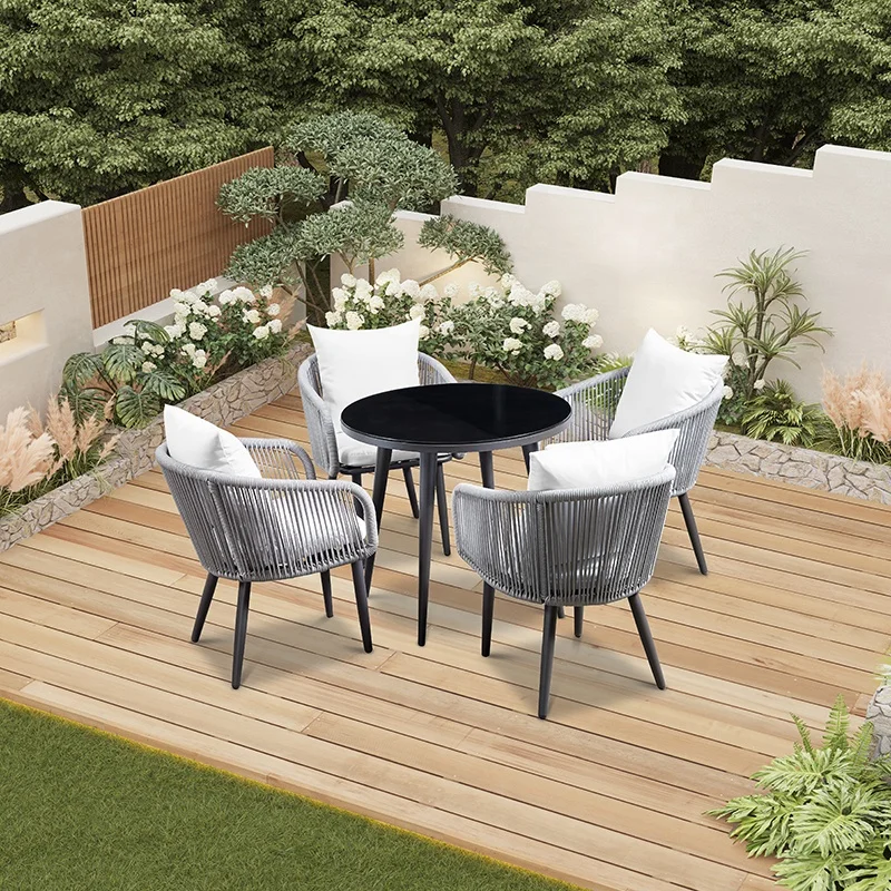 Deluxe Rope Chair Dining Table Terrace Glass Round Table Outdoor Balcony Furniture Modern Small Dining Table Set 4 Chairs