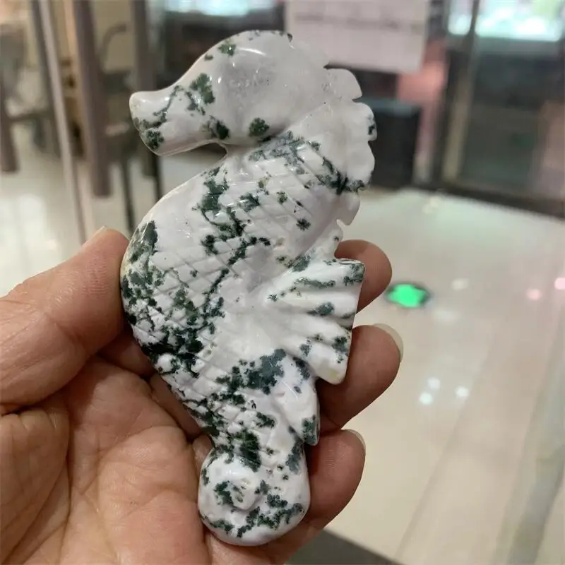 

Natural Moss Agate Seahorse Carving Energy Religious Snake Healing Reiki Witchcraft Supplies Home Decoration Gift 1PCS