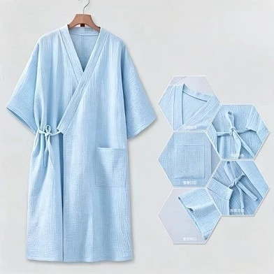 Women's 100% Cotton Bath Robe Double-Layer Crinkled Fabric Lightweight  Robe Soft and Absorbent, Homewear, Gauze Bath Robe