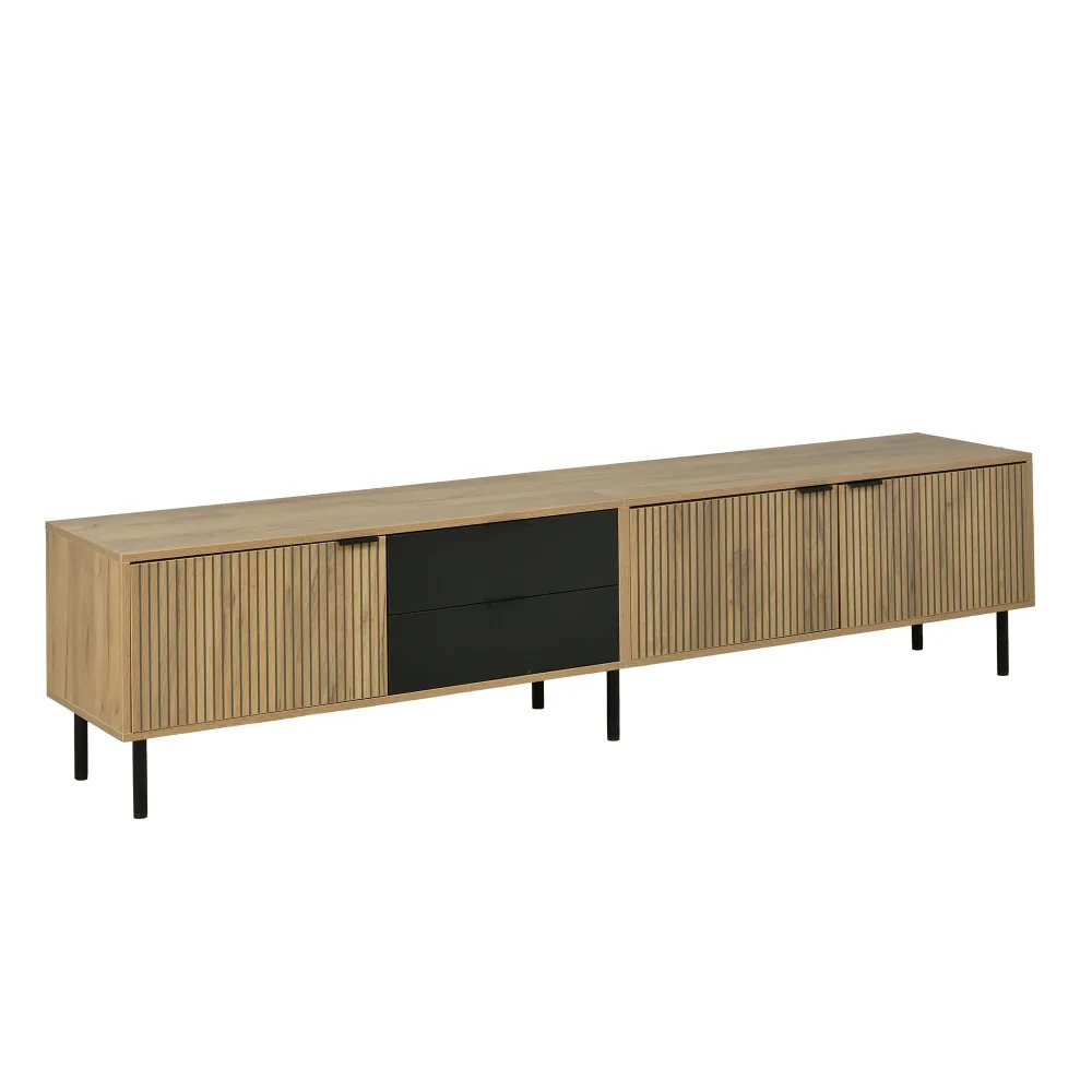 Meuble TV 208x40x48 cm, finition grain de bois et noir mat, 2 tiroirs et 3 armoires fermées, charnières à fermeture amortie et glissières fluides, gestion des câbles, pieds métalliques réglables, pour téléviseurs jusqu'à 85 pouces