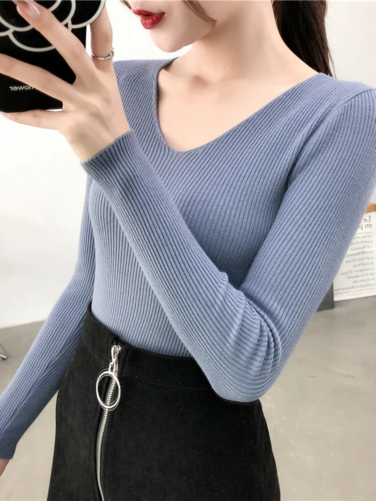 Spring Autumn V Neck Women Sweater Casual Long Sleeve Slim-fit Tops Knitted Pullover Sweaters Femme Basic Solid Pull Clothes