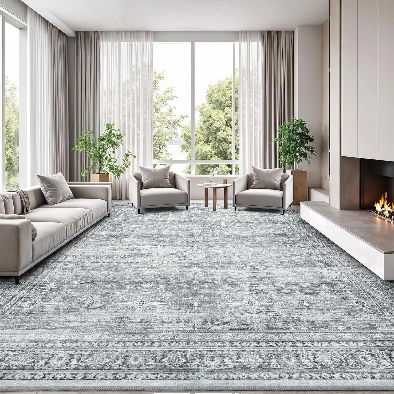 

8x10 Washable Area Rug with Non-Slip Backing, Soft Grey Floral Carpet for Living Room Bedroom Dining Office Nursery