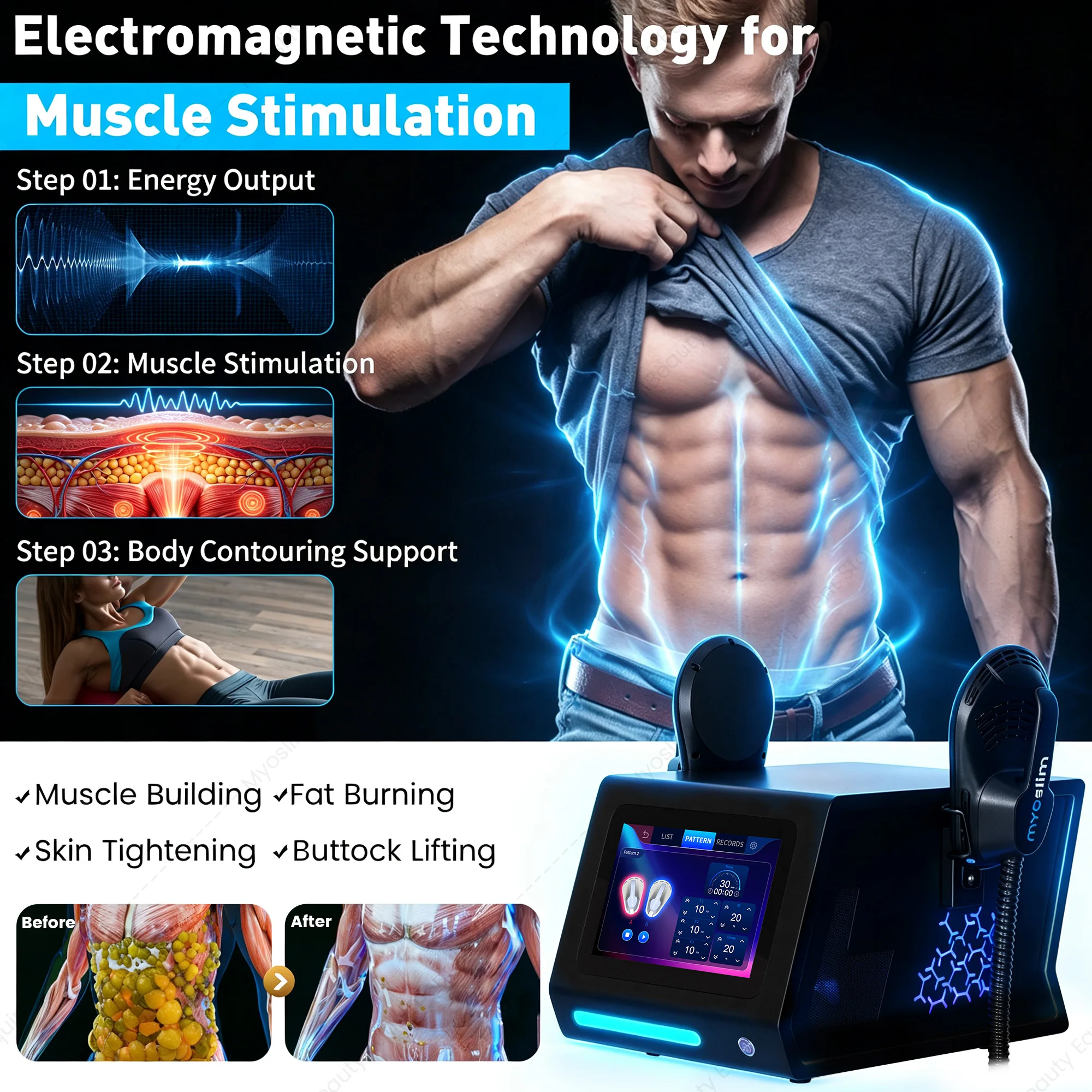 Myoslim RF EMS Body Sculpt Machine Muscle Stimulation Massager Sculpting Weight Loss Burning Fat Slimming Equipment