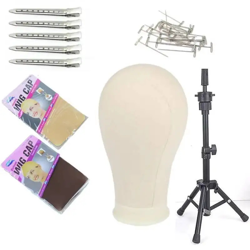 21-24inch Canvas Mannequin Head with 37-57cm Adjustable Tripod Stand Wig Making Kit with Wig Caps T-Pins Clips for Wig Styling