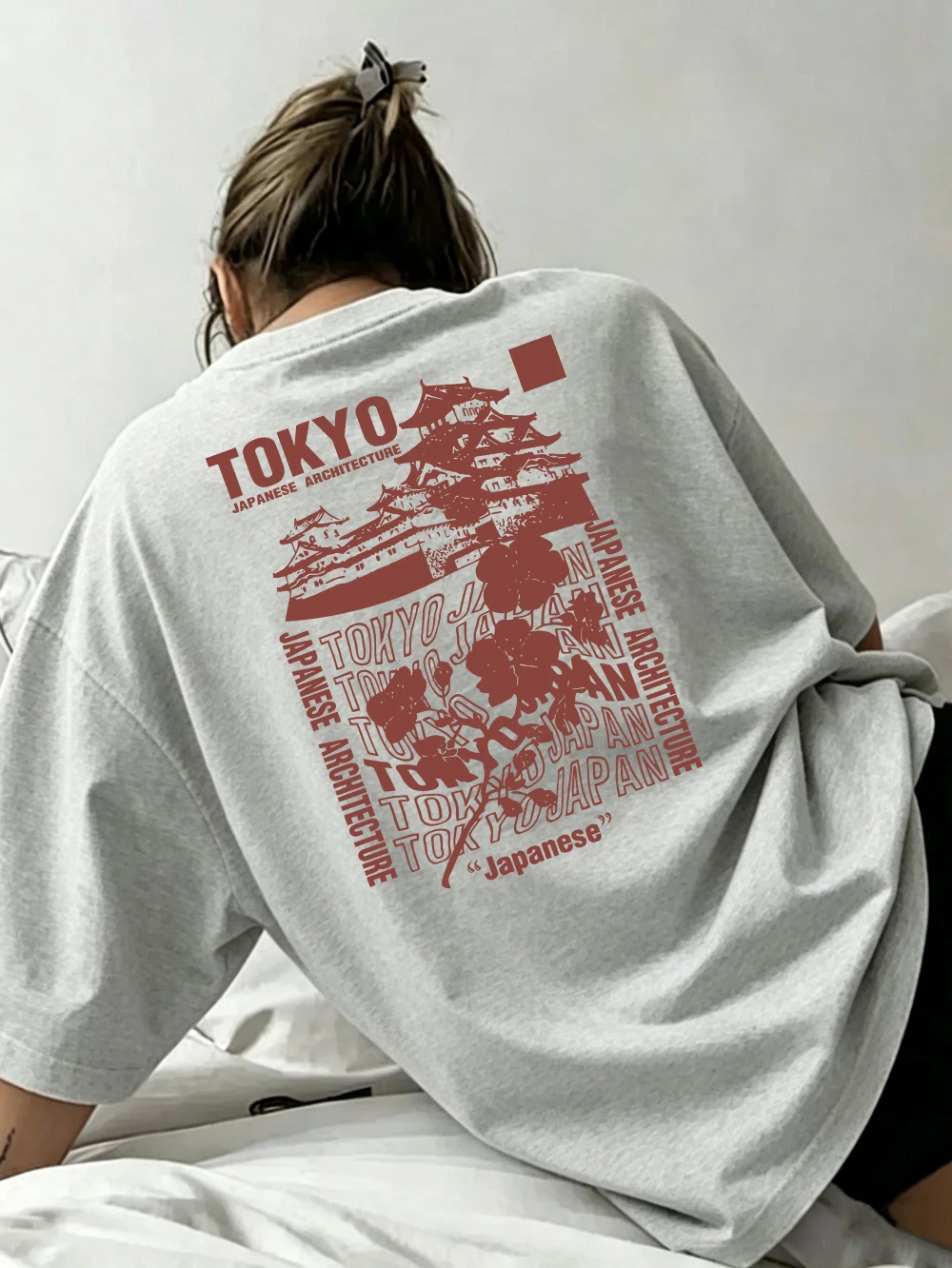100% Cotton Womens T-Shirts Summer Japanese Tokyo Sakura Prints Short Sleeve Soft Loose O-Neck Tops All-Match Womans Clothes