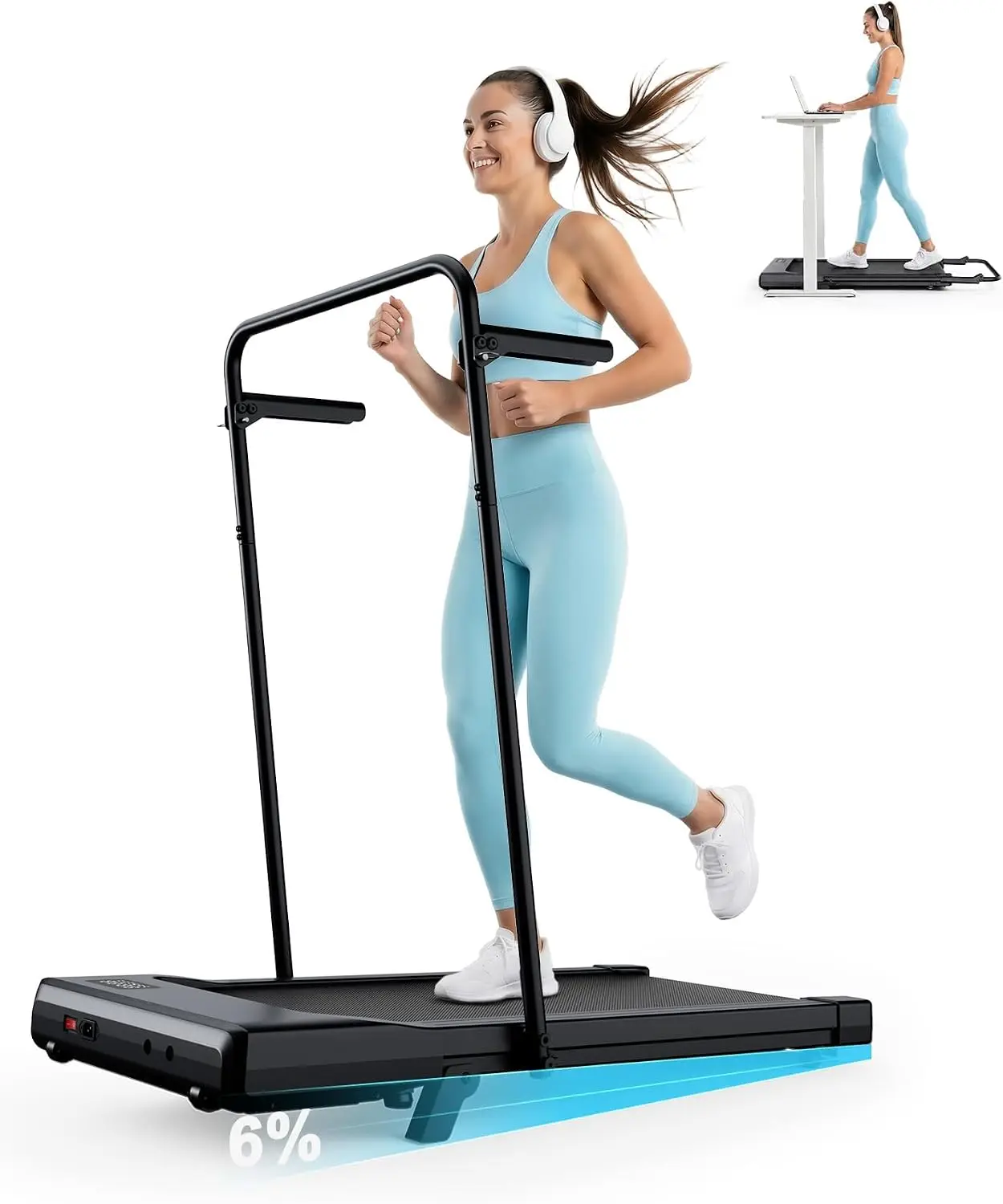 Walking Pad with 6% Incline and Handle Bar, Smart AI App Control, Home Use