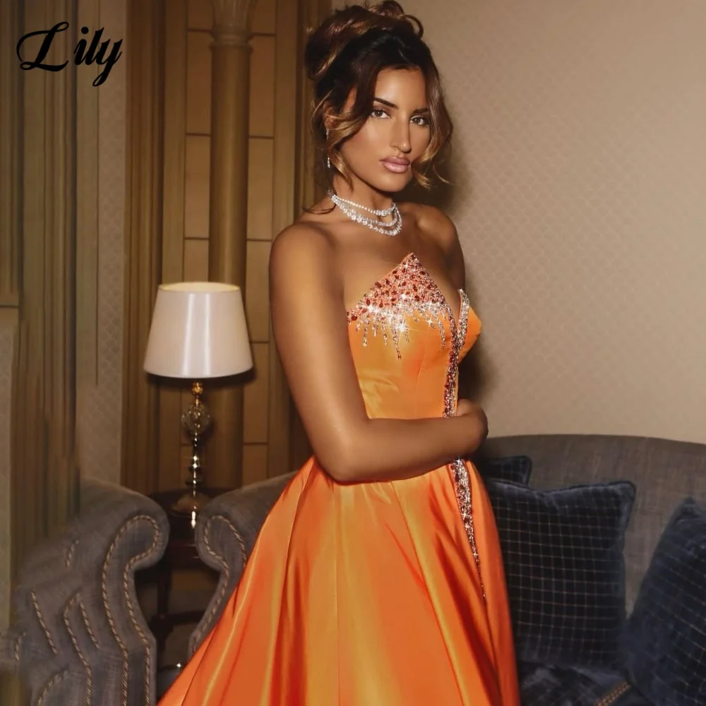 Lily Orange Sequins Night Dress Sleeveless فساتين السهرة with Pleats Satin A-Line Sweetheart Party Dress Customized
