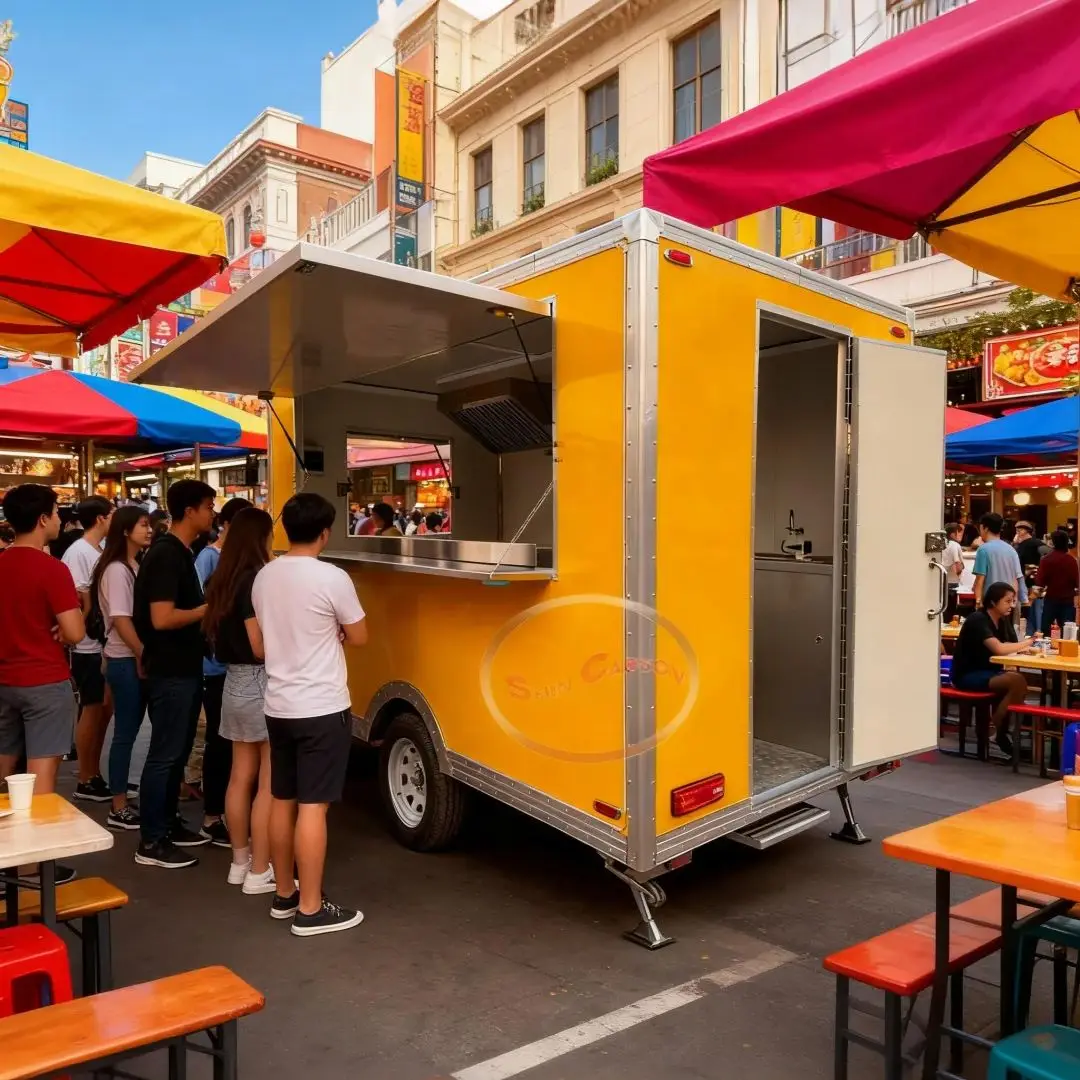 Yellow Mobile Food Truck Window with External Awning Concise AppearDesign for Food Stall Or Catering Business