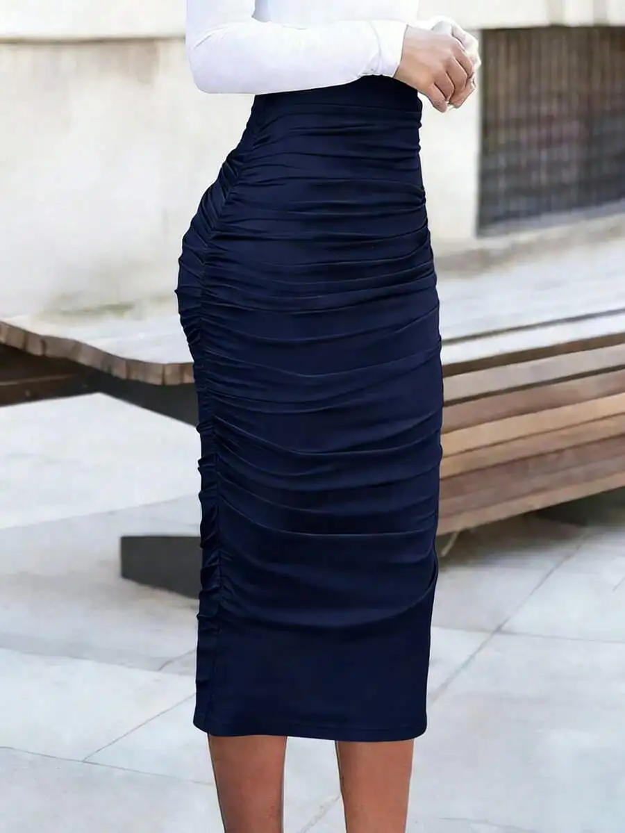 

Womens Blue Solid Ruched Bodycon Midi Skirt