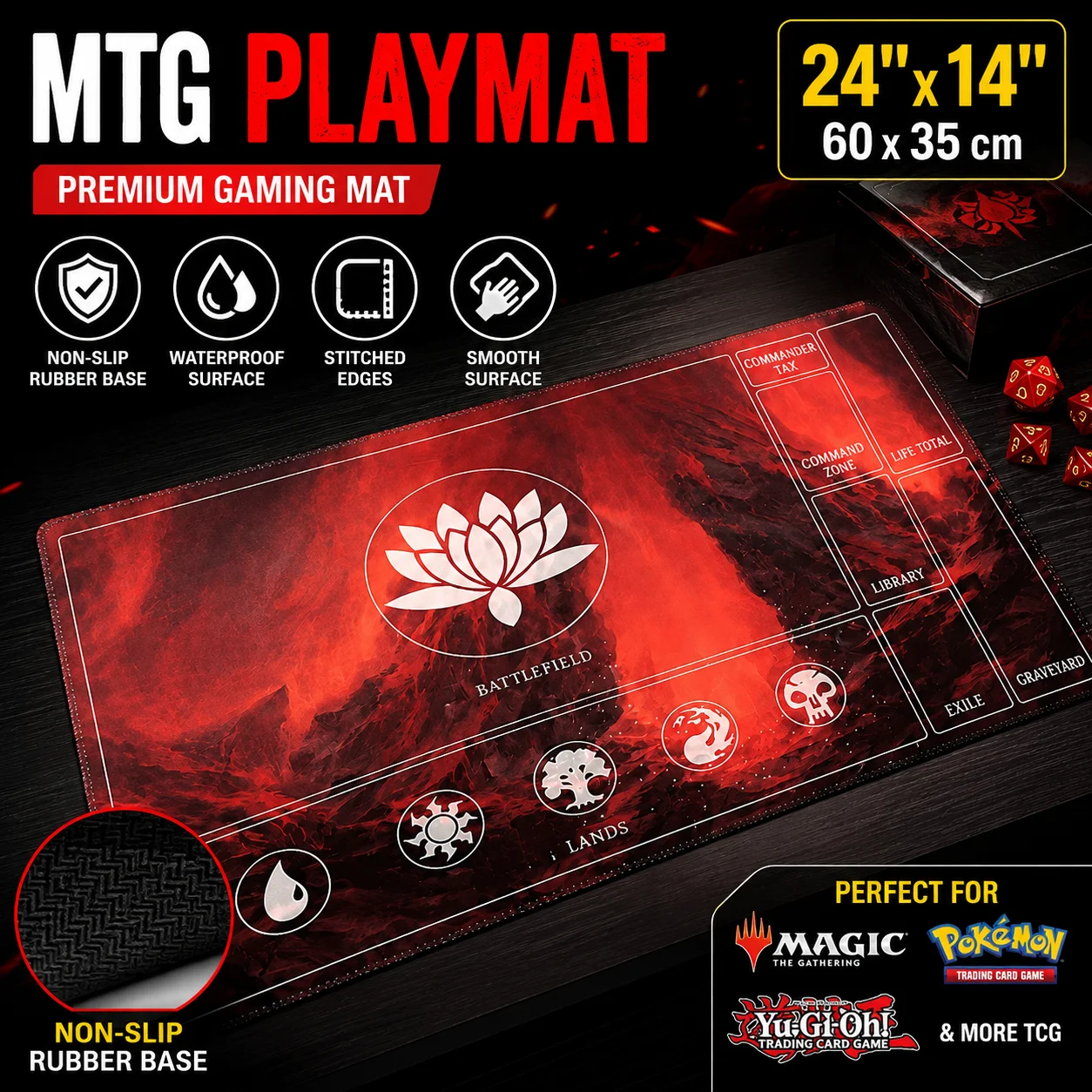 MTG Anime Playmat TCG Card Game Mat 24x14 Inch Extended Desk Mat Waterproof Non-Slip Rubber Base with Stitched Edges