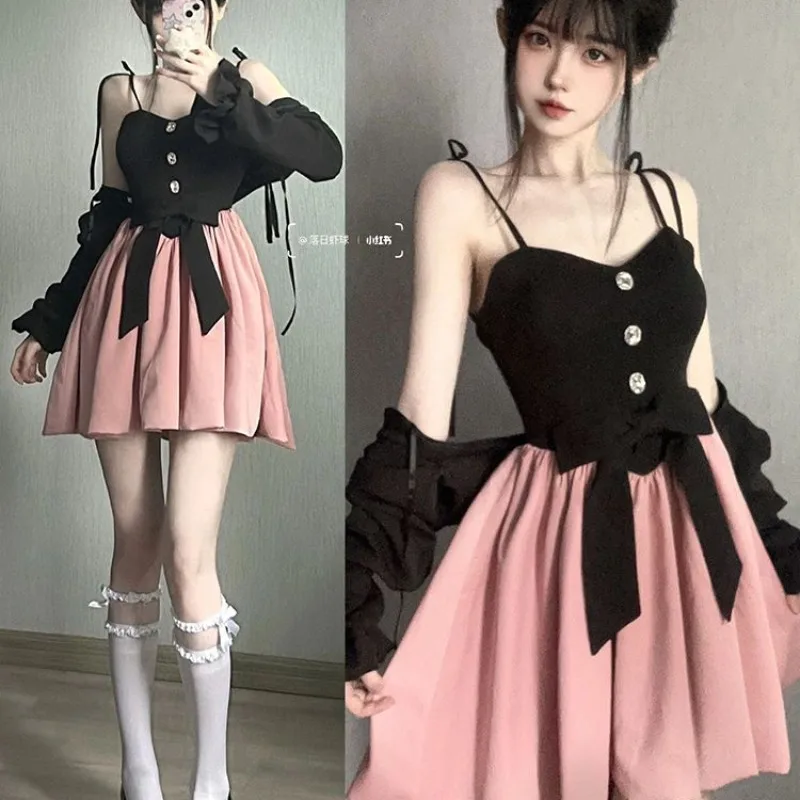 French Vintage Fashion Black Powder Splicing Dresses Autumn New Bow Design Elegant Suspends Dress Womens Cosplay Kawaii Clothing