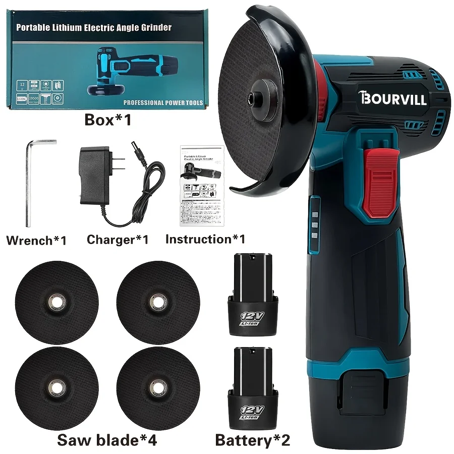 A Compact Cordless Electric Angle Grinder, Polisher, And Sander with a 12V, 19, 500 RPM Motor, by a Lithium Battery (Includes Battery And Additions).Ideal For, This Wireless Tool Makes a Great Holiday Or Christmas Gift
