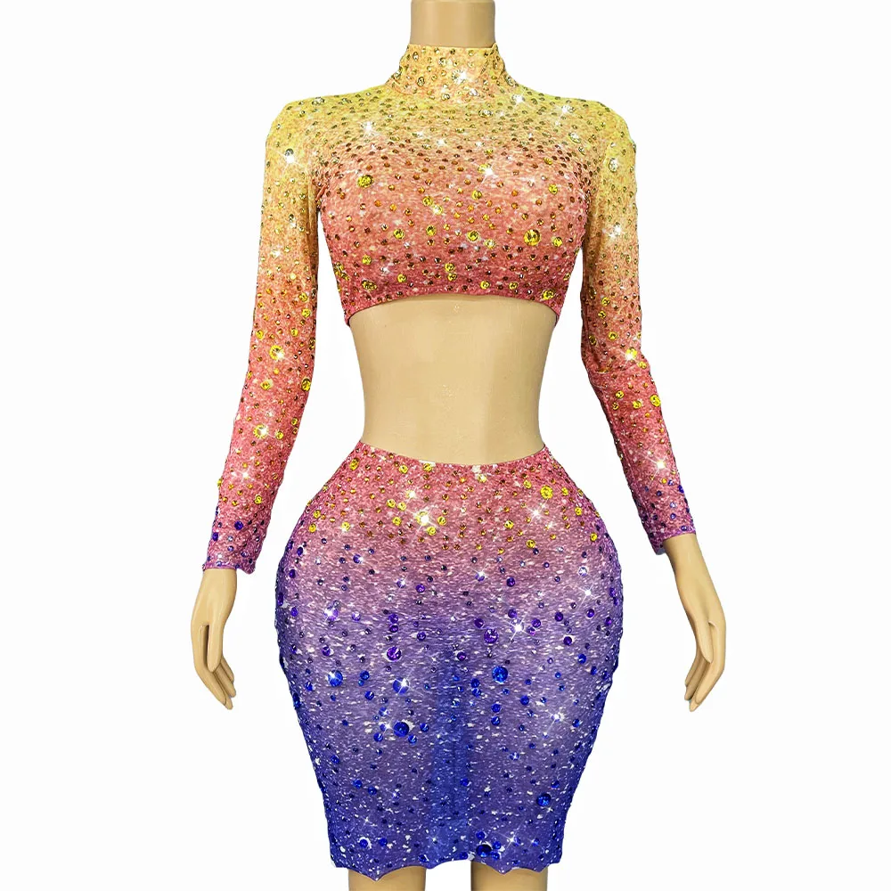 

Sexy Gradient Color Sparkly Rhinestones Top Skirt Hollow waist Split set Birthday Party Celebrate Photoshoot Stage Costume