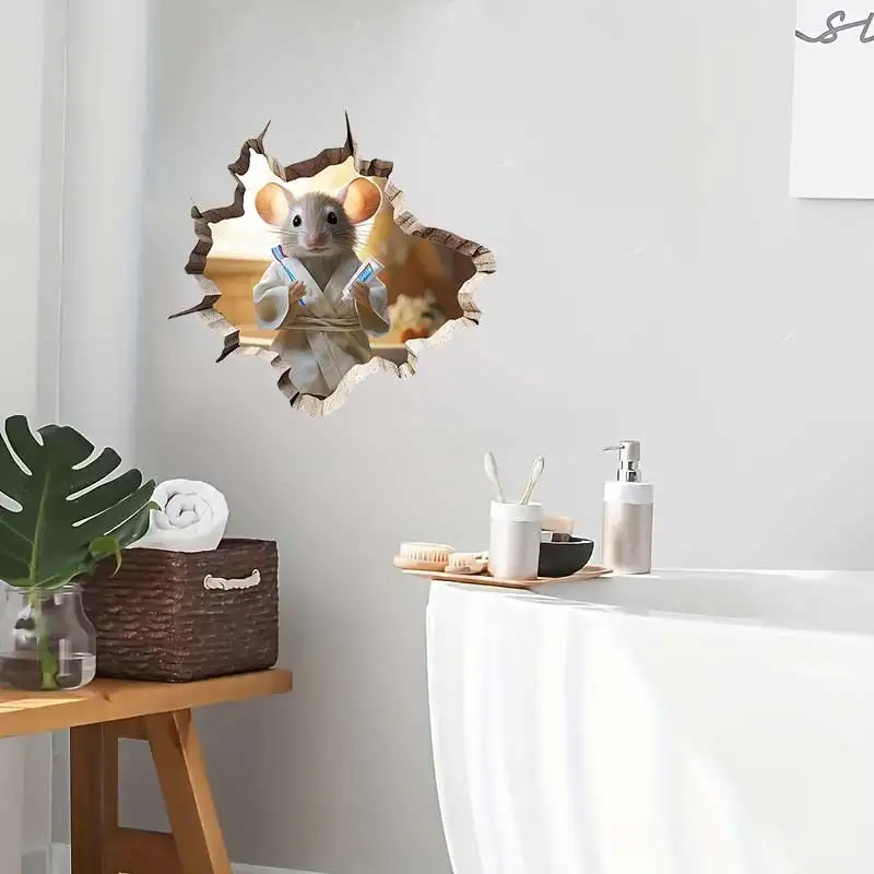 فتحة ماوس لطيفة، ملصق جدار للأسنان في فتحة الحائط، ملصق ثقب الماوس، ملصق جداري لفرشاة الحمام على شكل فأر S794