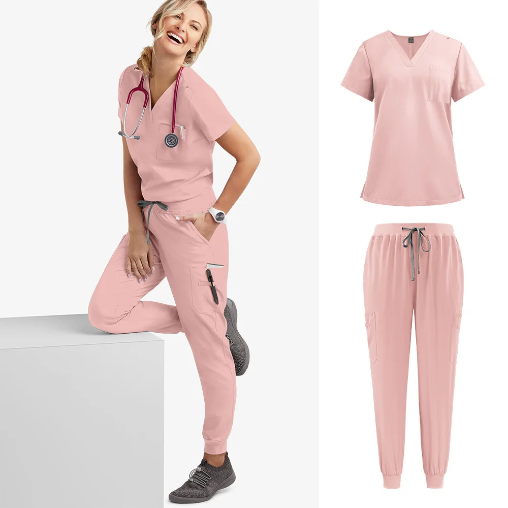 Tuta da jogging multicolore alla moda, uniforme da infermiera del medico, top con scollo a v a maniche corte, pantaloni tascabili, tuta smerigliata