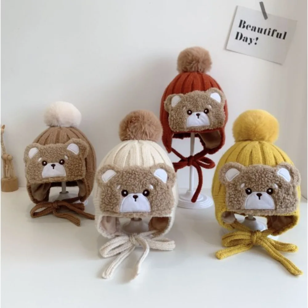 

Warm Big Pompom Baby Winter Warm Hat Windproof Soft and Breathable Cartoon Bear Thick Ear Protection Cap Easy To Clean