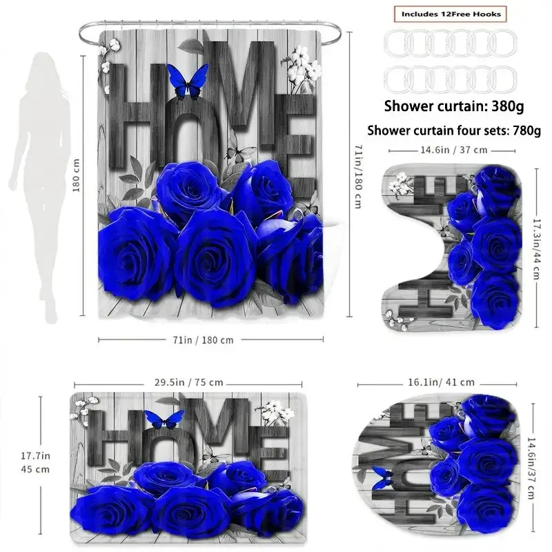 4Pcs Blue Rose Butterfly HOME Wooden Plank Shower Curtain Set, Waterproof Fabric Shower Curtain With 12 Hooks, Non Slip Absorbent Bath Mat Toilet Lid Cover Bathroom Decor Kit