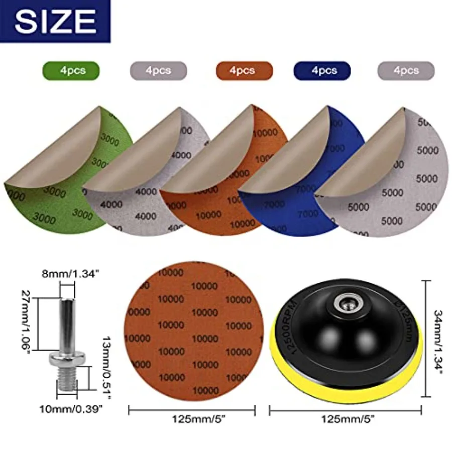 PCS Water Grit Sandpaper 3000/4000/00/7000/10000 and 5-inch Backing Pad Set, Wet Dry Electric Hook andLoop Sanding Disc with Pa