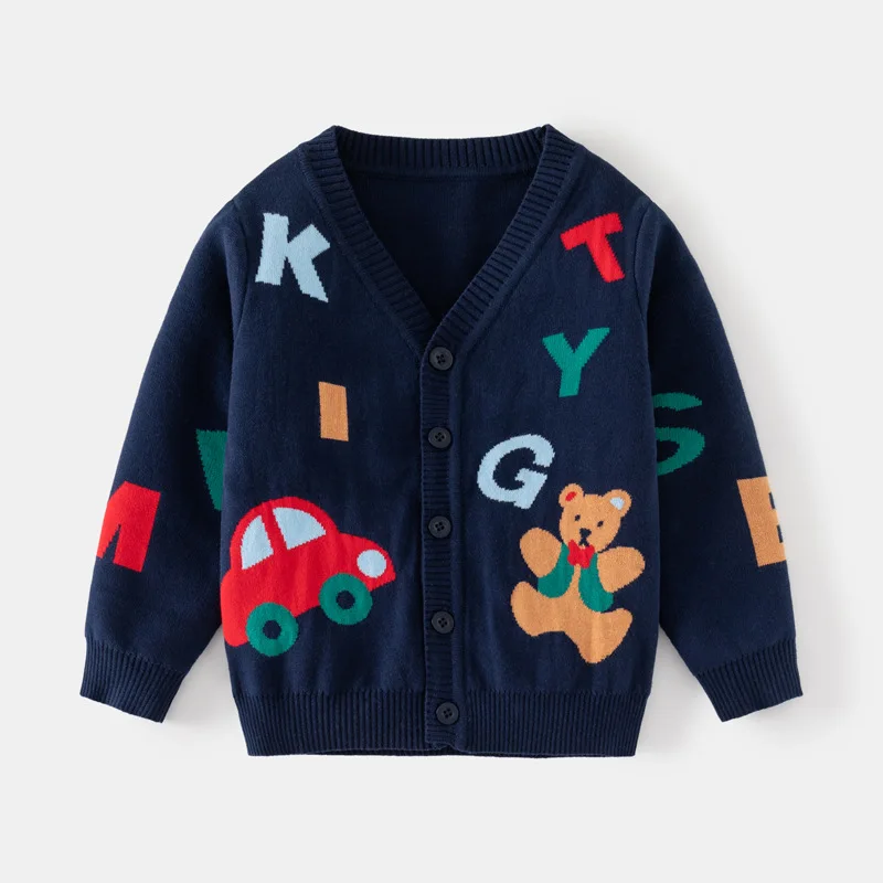 

New 2025 Kids Casual Cartoon Bear Jacquard Warm Knitted V-neck Cardigan Sweater Baby Boys Autumn Winter Sweaters Cardigans