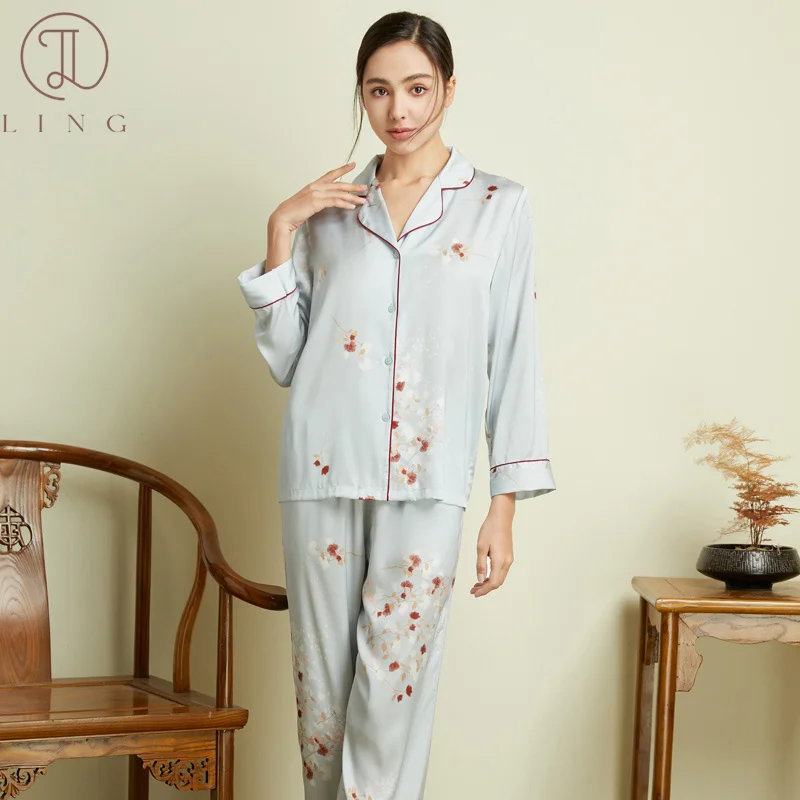 Ling Light Blue Summer New Women's Pajamas Sets Turn Down Collar Sleepwear Long Sleeve Nightwear Pyjamas for Women 2 Pcs