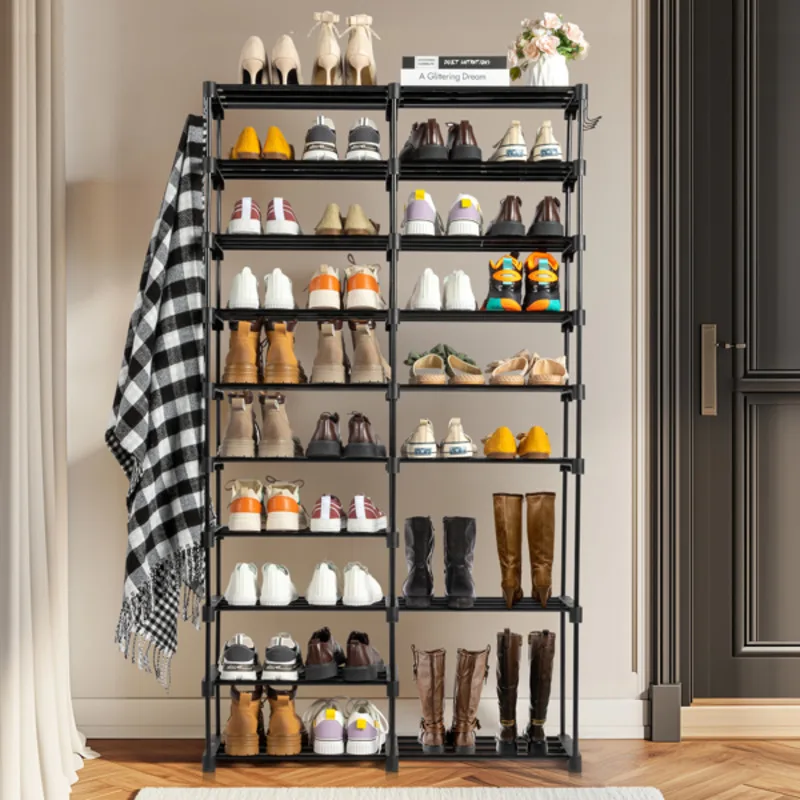 

Double Row 10 Layer Black Non Woven Rack Iron Pipe PP Pad Plastic Material Large Capacity Multi Layer Home Storage Rack Cabinet