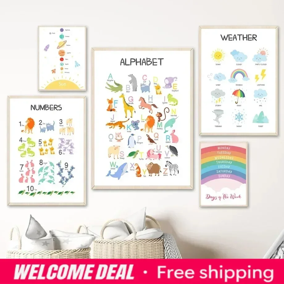 Nordic Wall Pictures Cartoon Dinosaur Alphabet Number Shapes Weather Solar Art Canvas Painting Kids Room Decor