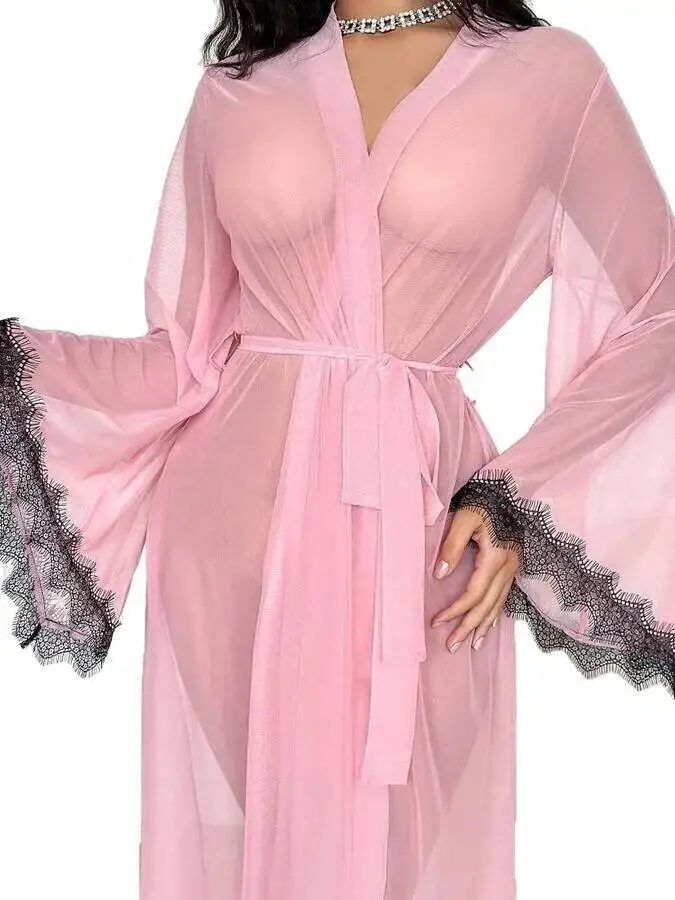 Novo sexy malha camisola vestido transparente sexy renda aparada fina vestido feminino manga comprida com decote em v vestido de cor sólida casaul grjj