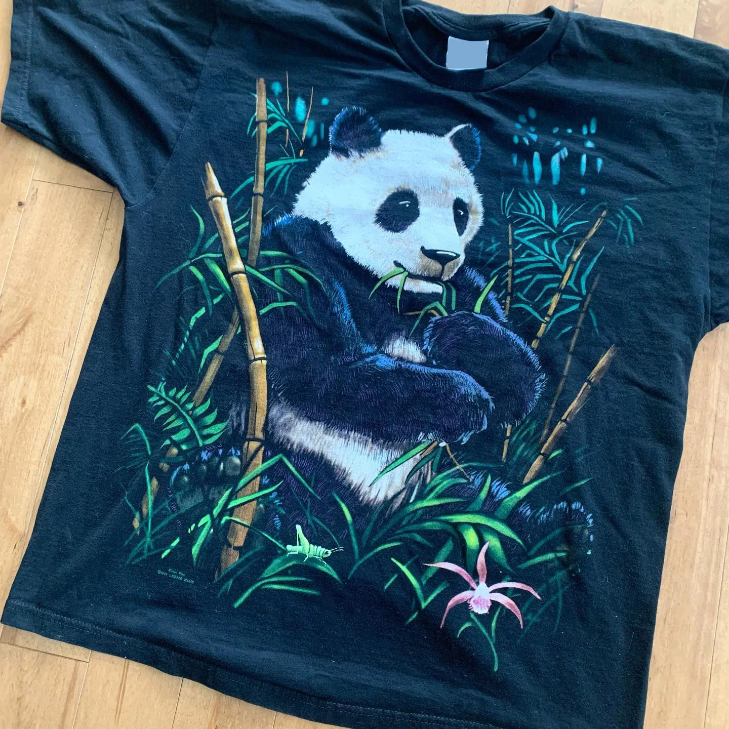 90年代のトレンディな竹パンダ柄半袖tシャツ、自然科学風カジュアルファッション、レトロ感のあるポケットスクエア