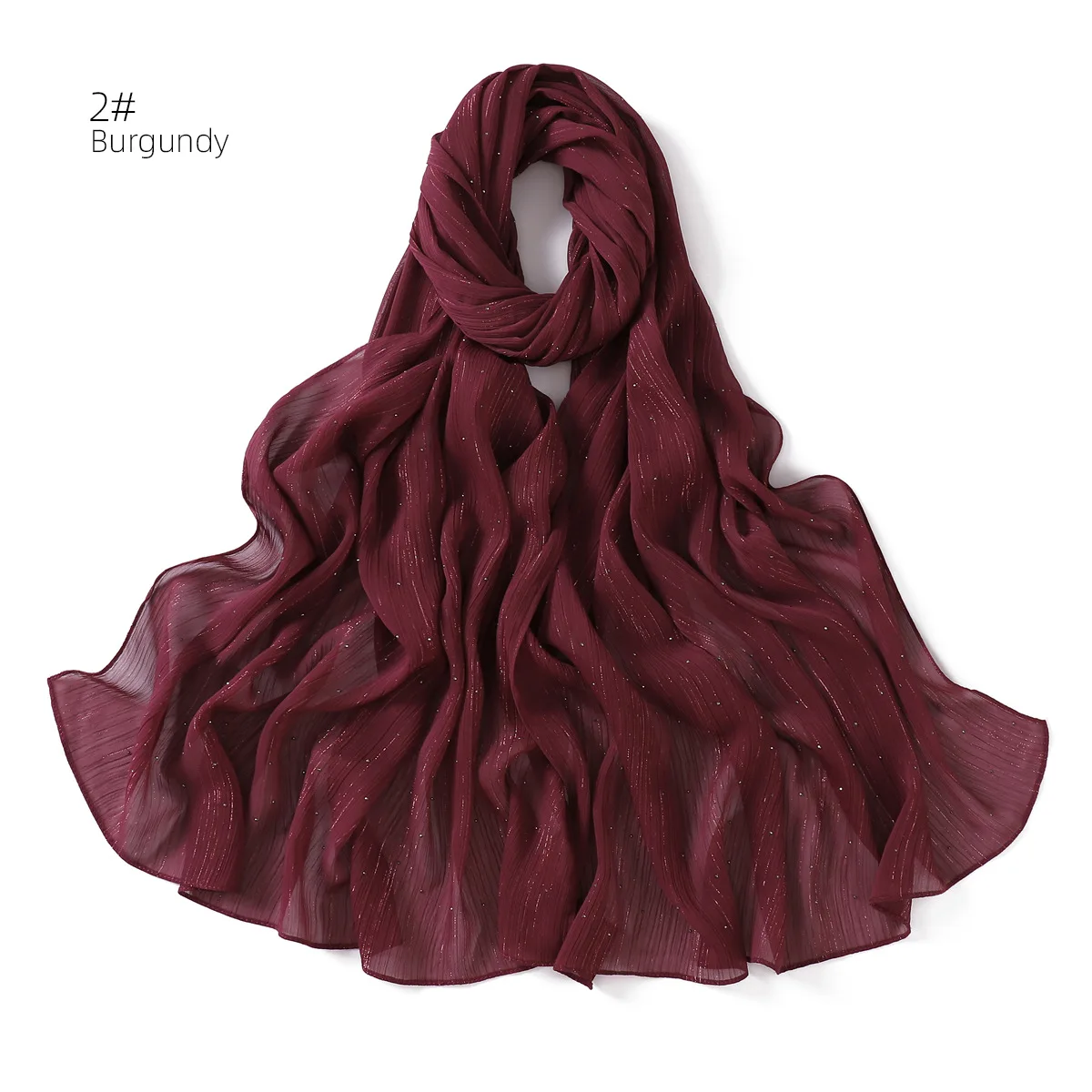 

175*70cm New Solid Color Silver Sequin Rhinestone Chiffon Scarf Fine Pleated Breathable Women's Turban Wrap Malay Shawl