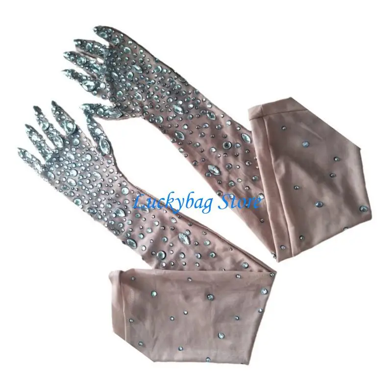 

X7XE 1pair Luxurious Rhinestones Meshes Gloves Wedding Mittens Long Women Mittens for Dancers and Singers