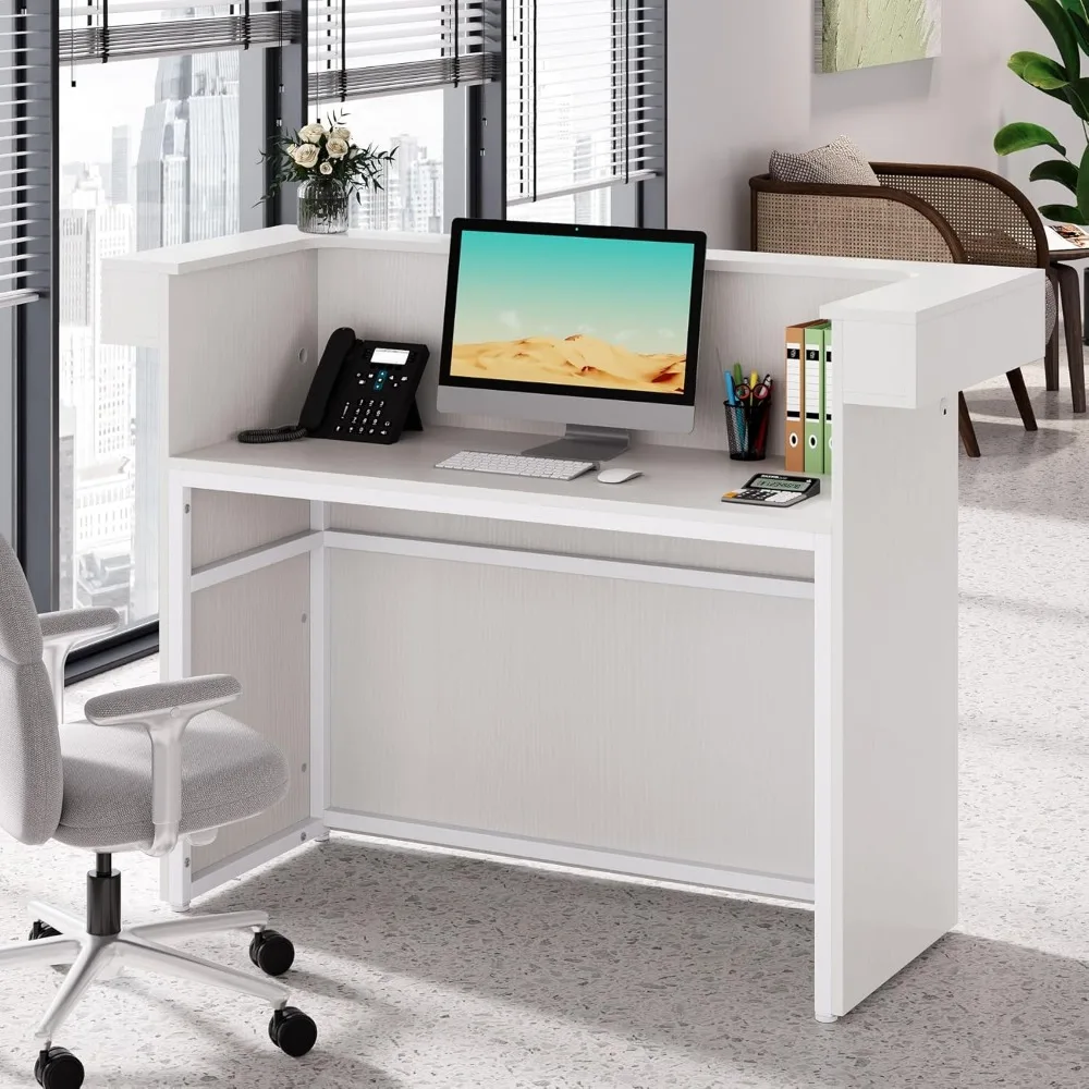 Reception Desk with Light, 55-Inch Front Desk with Cable Grommets, Modern Retail Counter Table for Salon, Lobby, Shop,Reception