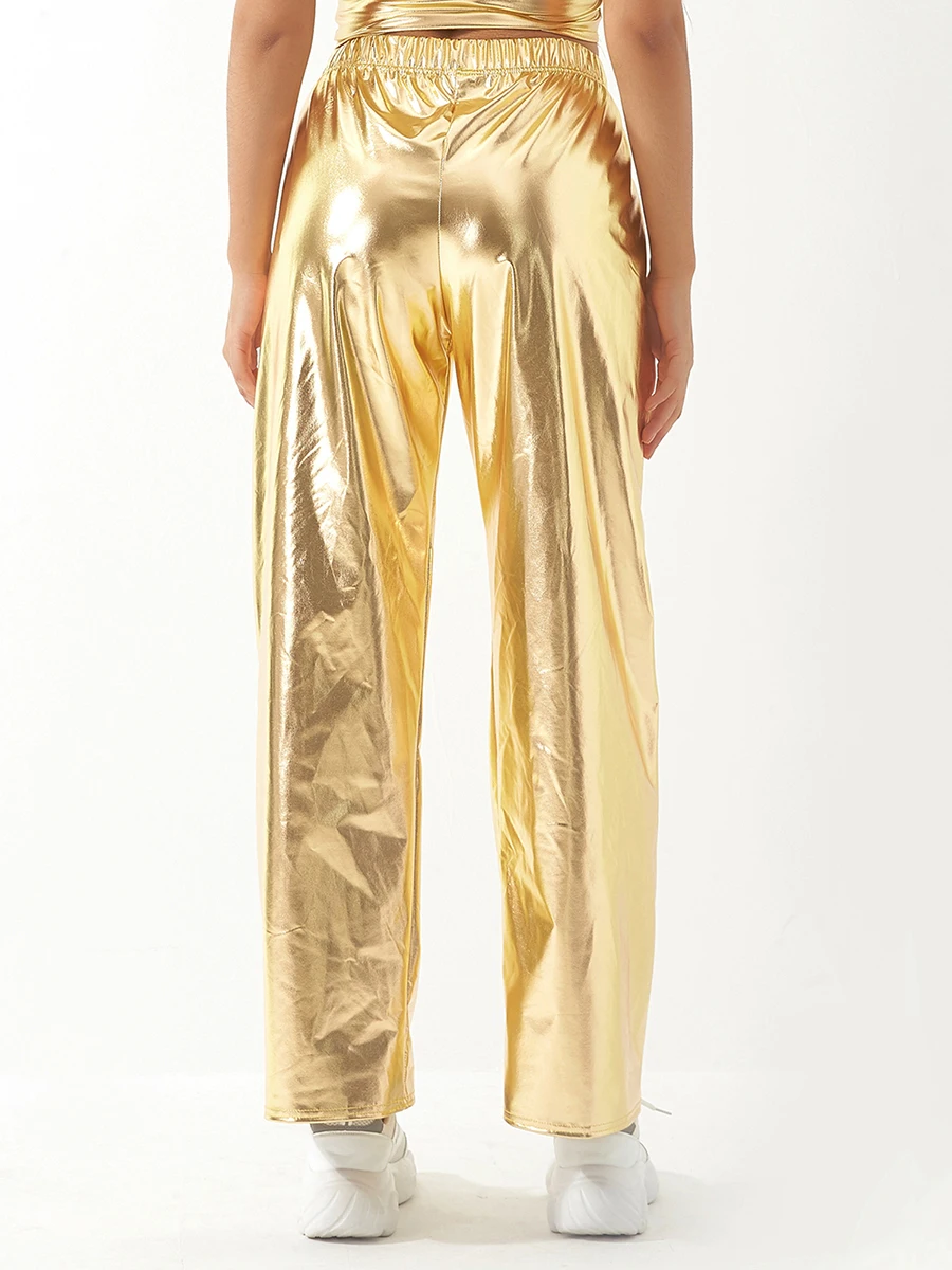 Women's Metallic Pants with Elastic Waist Solid Color Loose Pants Casual Trendy Grunge Streetwear with Pockets