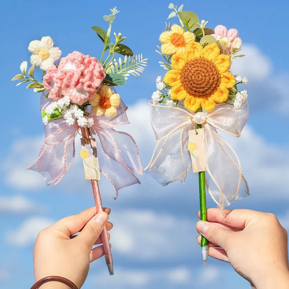 

Hand-Made Flower Ballpoint Pens For Girls Present Ball Pen Office School Stationery Unique Knitted Flower Bouquet Xmas Present