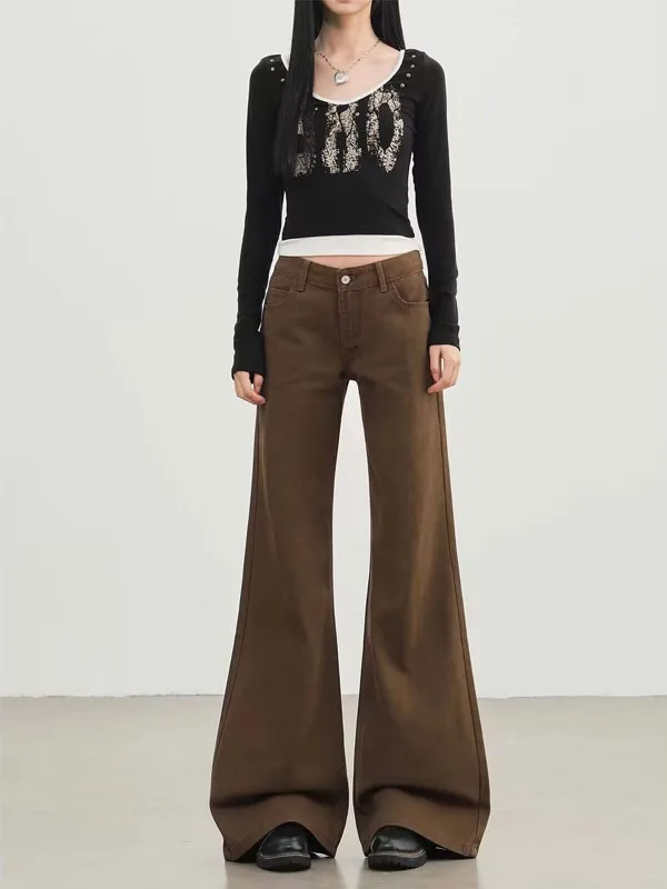 Jeans a Zampa Marrone per Donna, Autunno Inverno, Vita Bassa, Gamba Dritta, Stile Vintage con Chiusura a Zip, per Uso Quotidiano