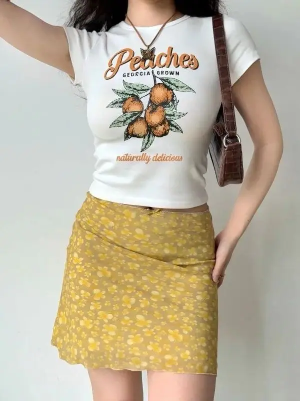 Yellow  Print Mesh A-Line Skirt High Waist Polyester Fiber Resistant to Deformation Daily Wear Girls' Skirt