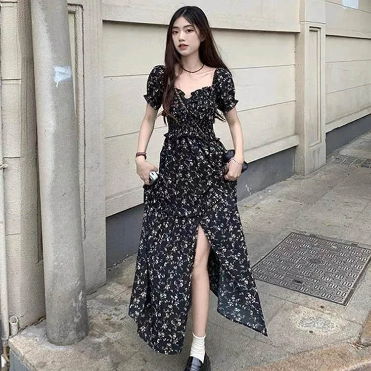 Women's Dresses Square Neck Short Sleeve Floral Distressed Dress High Waist Side Split Lovely Sweet Summer Thin 2024