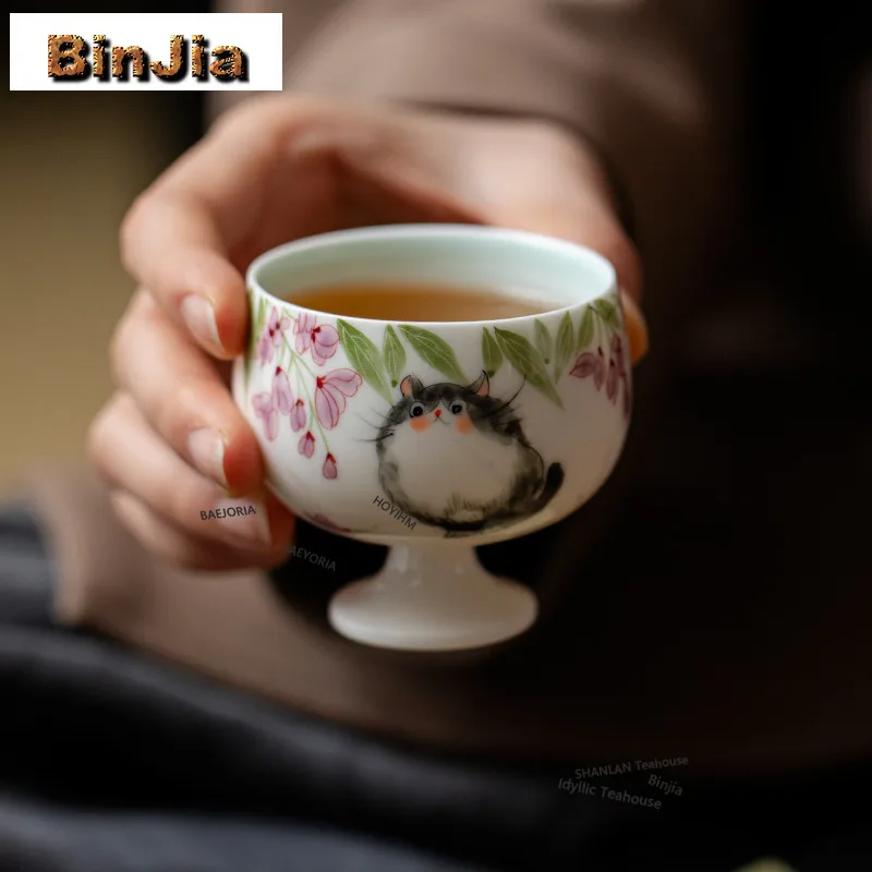 BAEJORIA 75ml Hand Drawn Puppet Cat High Foot Teacup Traditional Tea Bowl Sample Tea Cup Meditation Cup Jianzhan Tea Set