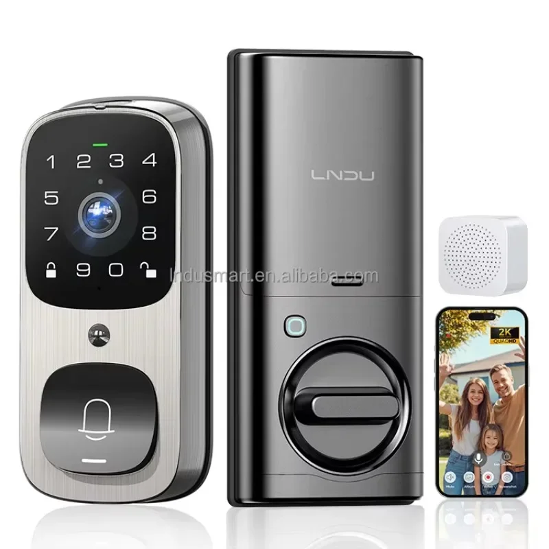 LNDU AL502 Modern Waterproof Smart Gate Deadbolt Door Lock Wood Door Tuya Wifi Fingerprint Video Camera Doorbell Outdoor Use