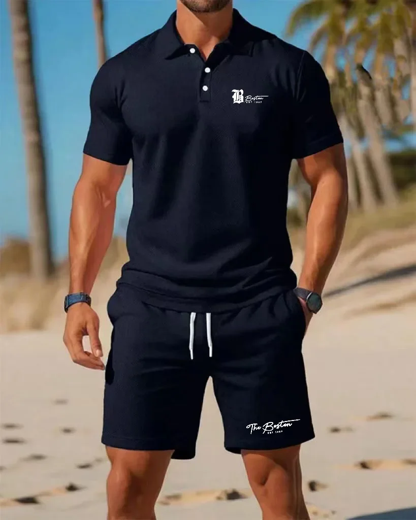 Summer New Men's Polo Shirt Set Casual Sporty Cool Fashionable Slim Fit Breathable Solid Color Short‑Sleeved Shorts Set Men's