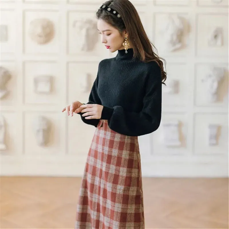 Korean Fashion Solid Color Knitted Sweater + Vintage Plaid Long Skirts Women's Autumn Winter New Two Sets Skirt Women Clothing