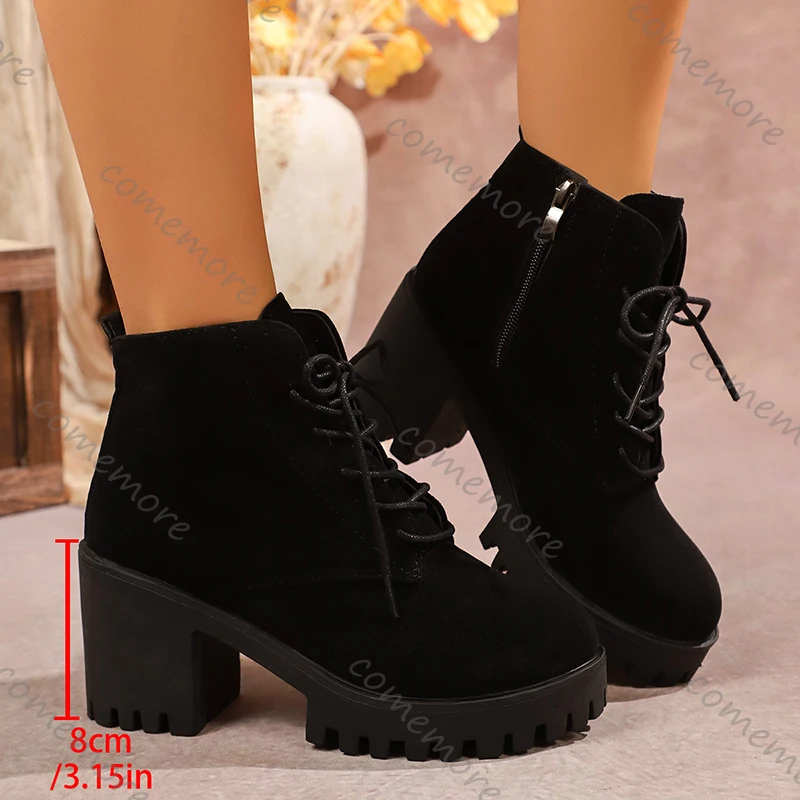 

Модные женские ботильоны на массивном каблуке, осень-зима 202, черные ботильоны на платформе, женские короткие ботинки на высоком каблуке со шнуровкой на молнии