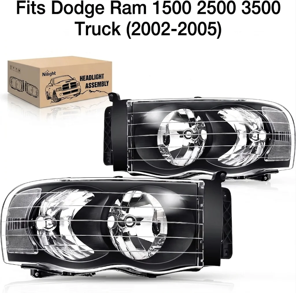 Nilight Headlights for 2002 2003 2004 2005 Ram 1500 2500 3500 Truck Black Housing Clear Corner, Headlight Assembly Replacement Kit, Driver and Passenger Side, 2 Pack, Heavy Duty Front Headlamp Upgrade for Dodge Ram Pickup Truck Chrome Style