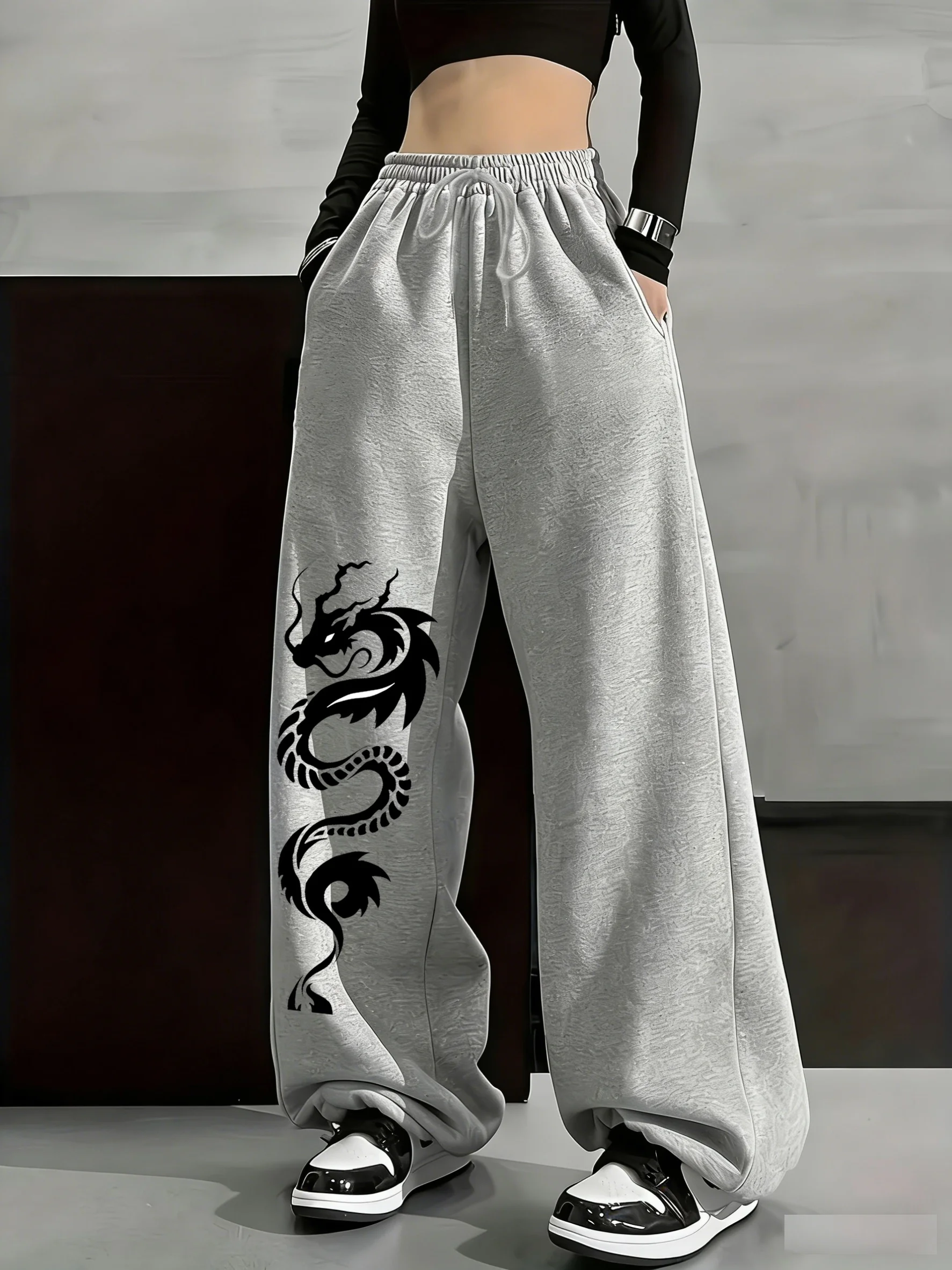 Women's Dragon Print Fleece Sweatpants for Autumn and Winter Warm Casual Loose Stylish and Versatile Streetwear Trendy