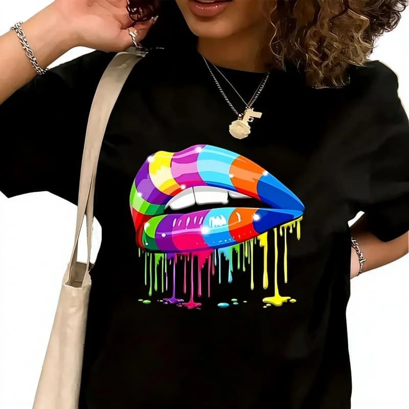 Black White Dripping Paint Lip Print Women's T-Shirt 100% Cotton Funny Graphic Short Sleeve Tee Novelty Shirt Casual Crew Neck Top S-5XL