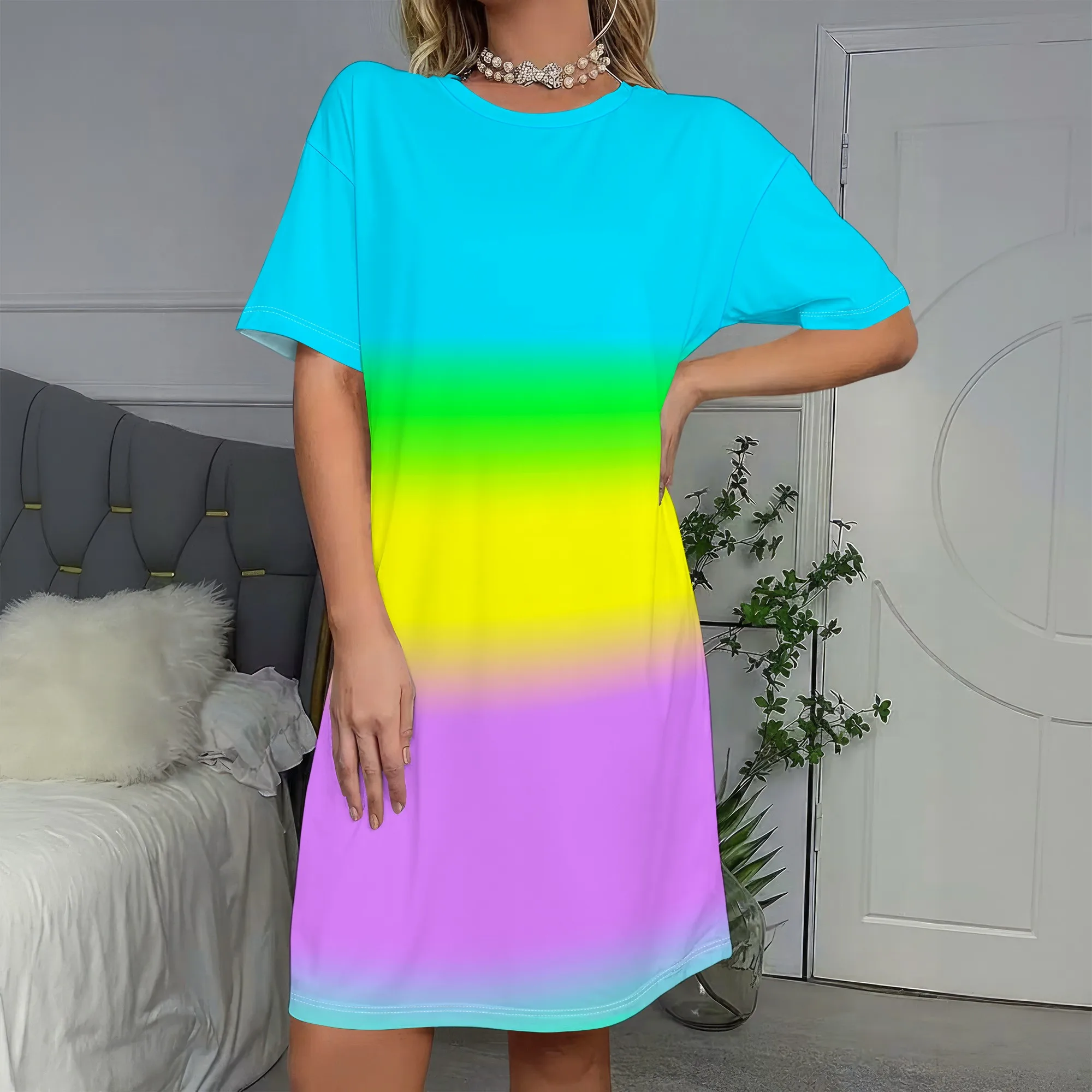 

Neon Rainbow Gradient T-Shirt Dress, Color Block Tee Shirt, Ombre Print Sundress, Casual Beachwear for Women S-2XL