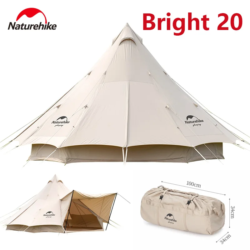 

Naturehike Brighten 20 Pyramid Tent Tribe Cotton Cloth Outdoor Camping Windproof Family Tent 4-8 Person Luxury Sun Shelter