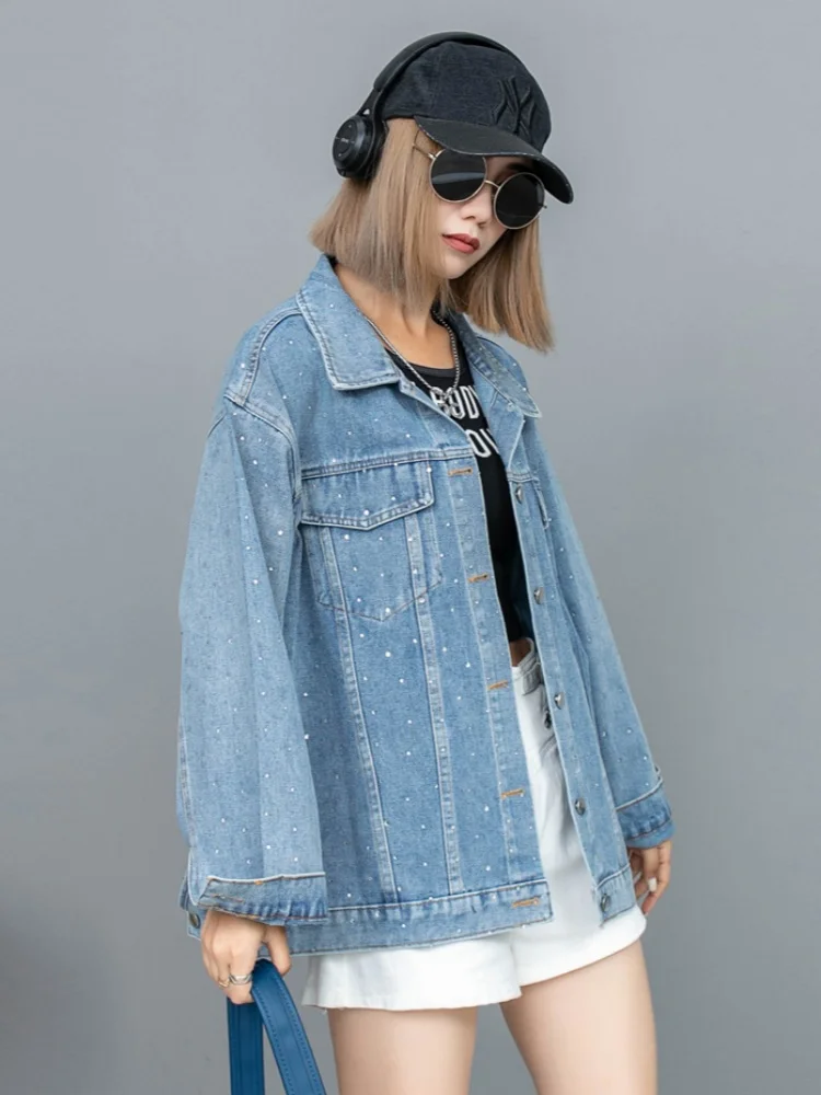 Heavy Embellished Denim Jacket Women's Spring Autumn New Style Premium Loose Casual Versatile Rhinestone Jacket Top